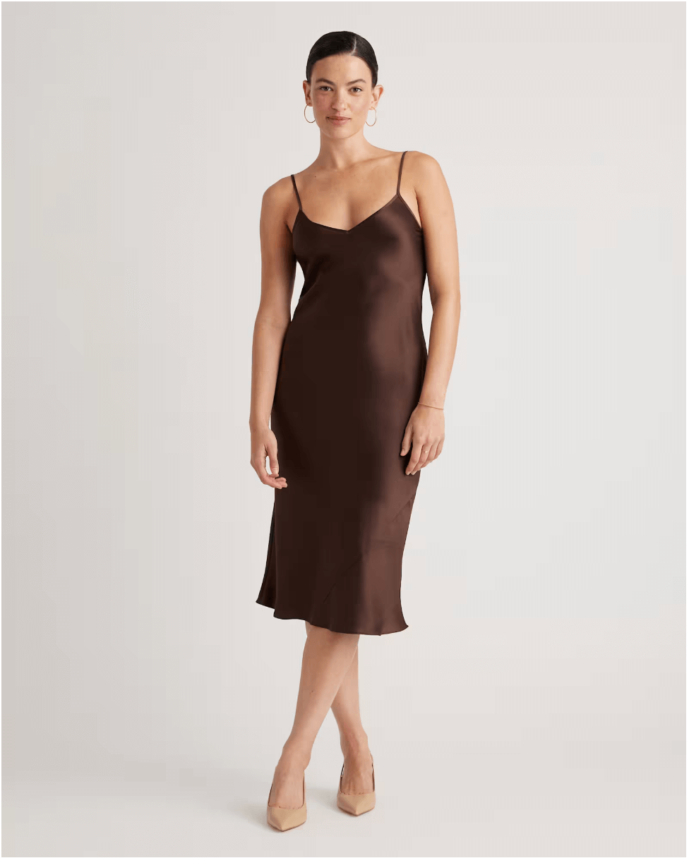 Quince Silk Slip Dress on model.